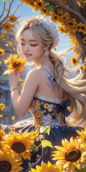 Masterpiece,\\,((Storybook Style:1.5)),\\,1 Female,Solo,Long Hair,Blushing,Smiling,Fringe,Blonde Hair,Headwear,Dress,Hug,Hair Between Eyes,Exposed Shoulders,Jewelry,Closed Mouth,Closed Eyes,Flowers,Heart,Earrings,Ruffles,Sleeveless,Flowers in Hair,Black Dress,Music Instrument,Yellow Flower,Music,Sunflower,Playing Instrument,Holding,Having Instrument,Violin,Bow \(Music\),♬Musical Note,beauty