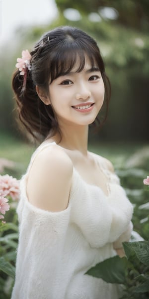 A korean beauty, in the garden, flying hairs, smile, off_shoulders ,standing,masterpiece,Beauty, looking_at_camera,Japanese