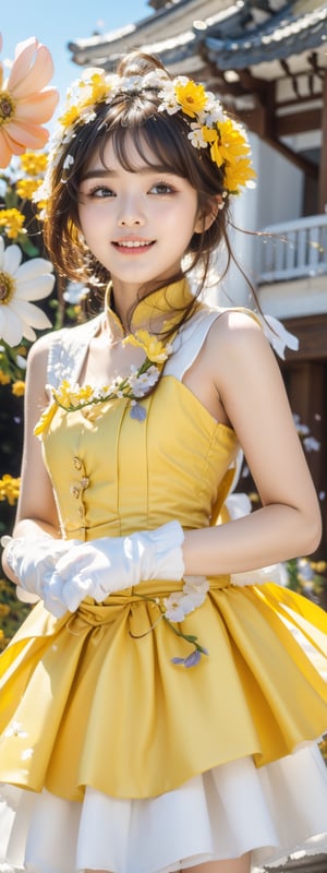 Masterpiece, Simple Background, (((Flowers in Background: 1.7))), 1girl, antenna_hair, , bangs, brown_hair, crown, dress, eyebrows_visible_through_hair, gloves, green_eyes,  short_hair, sleeveless, smile, standing, white_dress, white_gloves
,perfect light,beauty,kinomoto sakura,Korean