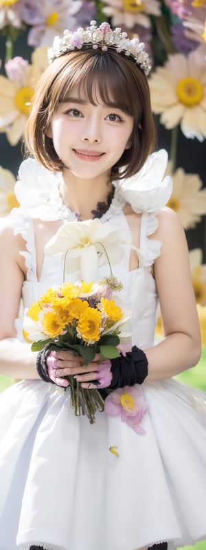 Masterpiece, Simple Background, (((Flowers in Background: 1.7))), 1girl, antenna_hair, , bangs, brown_hair, crown, dress, eyebrows_visible_through_hair, gloves, green_eyes,  short_hair, sleeveless, smile, standing, white_dress, white_gloves
,perfect light,Beauty,kinomoto sakura,Korean