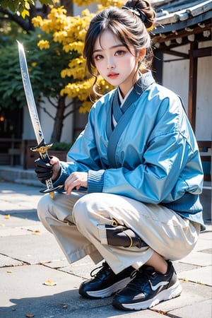 masterpiece, best quality,
1girl, solo, sword, weapon, jewelry, sneakers, black hair, shoes, squatting, sheath, katana, hair bun, jacket, blurry, holding, ring, pants, earrings, long sleeves, holding weapon, black shorts, blue jacket, holding sword, single hair bun, sheathed, blurry background, bag, depth of field, closed mouth, full body, fingerless gloves, long hair, gloves, bangs, brown eyes, sidelocks,
z1l4, Samurai girl,,perfect light,beauty,Beauty,Korean