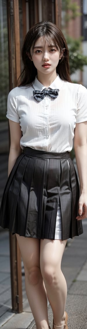 (((masterpiece))), (((best quality))), Best picture quality, high resolution, 8k, realistic, sharp focus, realistic image of elegant lady, Korean beauty, supermodel, girl, standing, wearing short-sleeved school uniform, dark-colored skirt, pleated skirt with tartan pattern,  black student shoes,  detailed face, (blush:1.0) ,More Detail,yama2