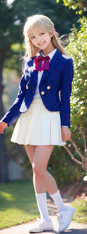 masterpiece, best quality, highres, 1girl, solo, long hair, blonde hair, hair ribbon, bangs, blue eyes, blue-red bowtie, collared shirt, blazer, red jacket, long sleeves, long pleated skirt, white skirt, standing, cowboy shot, outdoors, smile, idol,korean ,beauty,pretty girl,Beauty