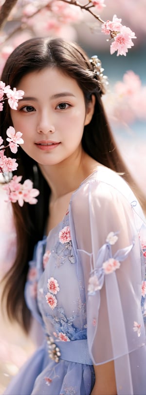 A 16-year-old Japanese beauty,in the sakura flowers.Turn slightly,iris purple dress,Beauty