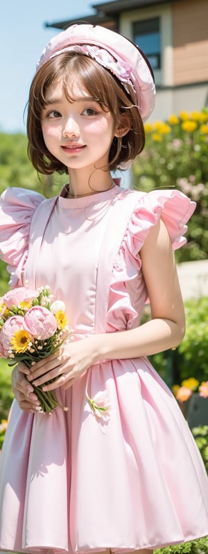 Masterpiece, Simple Background, (((Flowers in Background: 1.7))), 1girl, (wearing pink pleated dress)),fancy_hat 
,perfect light,Beauty,kinomoto sakura