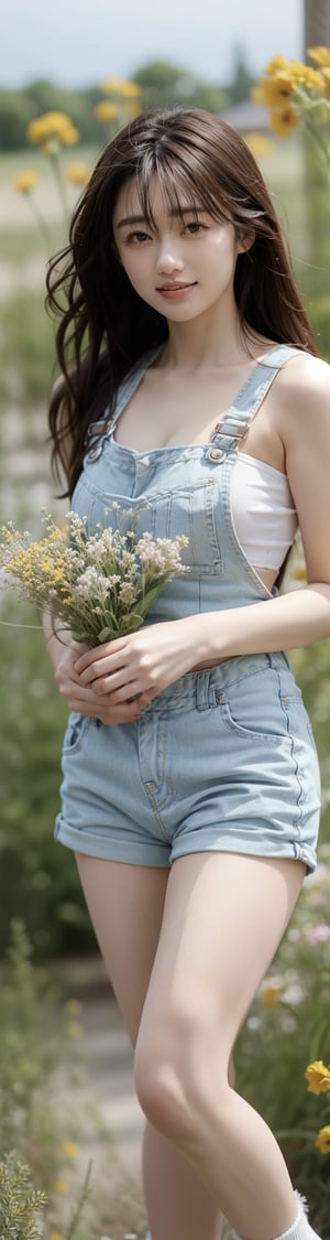 background is flower field,grass field,horizon,wind blowing,petals blowing,16 yo, 1 girl, beautiful girl,smile,
wearing denim overalls skirt,long socks,standing on flower field,holding buquet, cowboy shot,very_long_hair, hair past hip, bangs, curly hair, realhands, masterpiece, Best Quality, 16k, photorealistic, ultra-detailed, finely detailed, high resolution, perfect dynamic composition, beautiful detailed eyes, ((nervous and embarrassed)), sharp-focus, full body shot,pink flower,flower,yama2,1 girl 