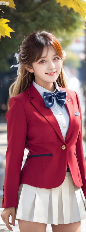 masterpiece, best quality, highres, 1girl, solo, long hair, blonde hair, hair ribbon, bangs, black eyes, red bowtie, collared shirt, blazer, red jacket, long sleeves, long pleated skirt, white skirt, standing, cowboy shot, outdoors, smile, wink, idol,korean ,beauty,pretty girl,Beauty,Korean