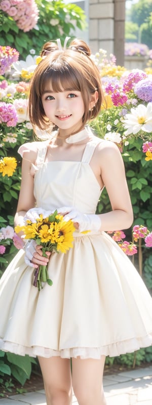 Masterpiece, Simple Background, (((Flowers in Background: 1.7))), 1girl, antenna_hair, , bangs, brown_hair, crown, dress, eyebrows_visible_through_hair, gloves, green_eyes,  short_hair, sleeveless, smile, standing, white_dress, white_gloves
,perfect light,Beauty,kinomoto sakura,Korean