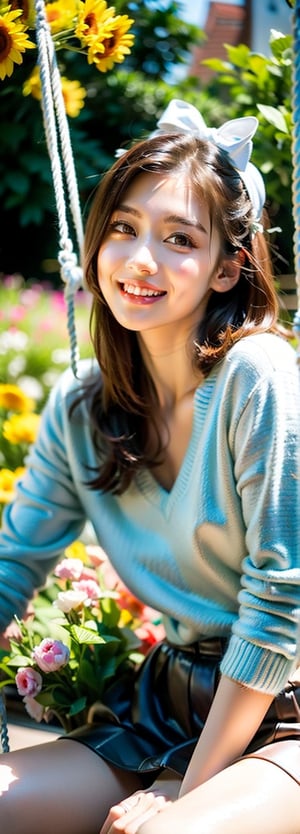 a young blonde asian beauty,long brown hair,bow on head,beautiful detailed eyes,beautiful detailed lips,long eyelashes,soft facial features, cute smile, looking at, flower garden background, sitting on a swing, vibrant colors,pleasant lighting,artistic rendering,perfect light