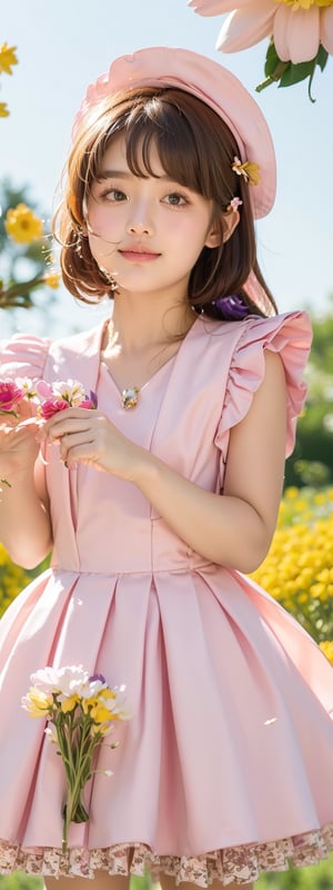 Masterpiece, Simple Background, (((Flowers in Background: 1.7))), 1girl, (wearing pink pleated dress)),fancy_hat 
,perfect light,Beauty,kinomoto sakura