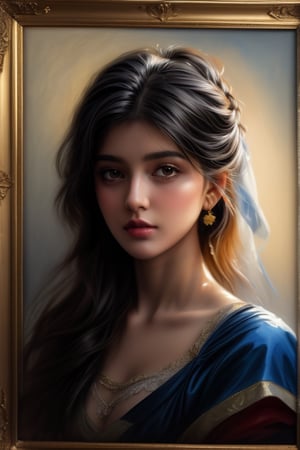 An oil painting in the style of John Singer Sargent and a print by Ivana Besevic, the lighting style of Rembrandt. A beautiful portrait of a 20-year-old Indian girl. A detailed, beautiful, girlish face. Narrow nose, beautiful, large eyes and full lips,1 girl ,beauty