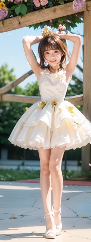 full body shot,Masterpiece, Simple Background, (((Flowers in Background: 1.7))), 1girl, antenna_hair, arms_up, bangs, brown_hair, crown, dress, eyebrows_visible_through_hair, gloves, green_eyes,  short_hair, sleeveless, smile, standing, white_dress, white_gloves
,perfect light,Beauty,kinomoto sakura