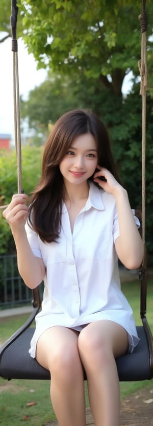 1girl, solo, long hair, looking at viewer, smile, brown hair, shirt, black hair, brown eyes, sitting on a swing, bow on head, masterpiece,perfect light,beauty,idol