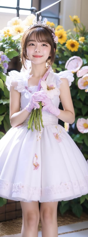 Masterpiece, Simple Background, (((Flowers in Background: 1.7))), 1girl, antenna_hair, , bangs, brown_hair, crown, dress, eyebrows_visible_through_hair, gloves, green_eyes,  short_hair, sleeveless, smile, standing, white_dress, white_gloves
,perfect light,Beauty,kinomoto sakura,Korean