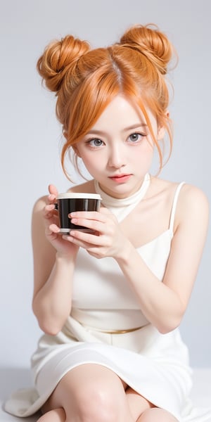 1girl, light orange hair, blue eyes, long hair, cute dress, elegant bun hairstyle, tender gaze, warmly facial expression, white background, holding a coffee cup, she’s a noblewoman. she is sitting. ((Chibi character)),Korean,Japanese,perfect light