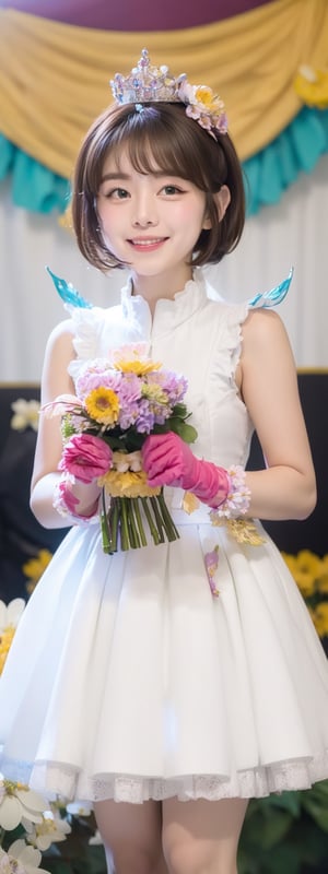 Masterpiece, Simple Background, (((Flowers in Background: 1.7))), 1girl, antenna_hair, , bangs, brown_hair, crown, dress, eyebrows_visible_through_hair, gloves, green_eyes,  short_hair, sleeveless, smile, standing, white_dress, white_gloves
,perfect light,Beauty,kinomoto sakura,Korean