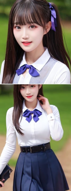 masutepiece, Best Quality, {Best Quality}, {{masutepiece}}, {hight resolution}, Illustration, 1girl , Long hair, Bangs, Black hair, (Purple eyes:1.2), blush, Shirt, Long sleeves , Dress, bow ribbon, School uniform, White shirt, Collared shirt, Belt bag, Neck ribbon, Blue Dress, Green Ribbon, pleated dress, grey dress, two-tone dress, Blue belt, Lycoris Uniform, Looking at Viewer
,More Detail,korean