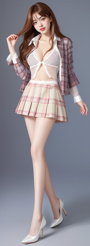 Generate hyper realistic image of a woman with long, brown hair, wearing a charming plaid skirt and a open shirt paired withtranparent white thigh-highs. big smile, high heels.,1girl,Korean,idol