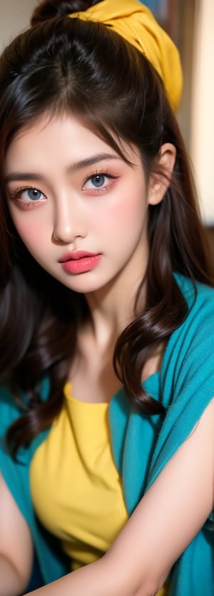a 5 years old beautifula young asian beauty, perfect light,, Instagram influencer, black long hair, glossy juicy lips,blue eyes cute, wearing yellow punjabi dress,
