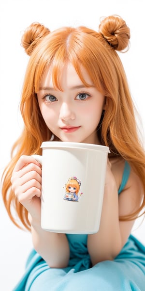 1girl, light orange hair, blue eyes, long hair, cute dress, elegant bun hairstyle, tender gaze, warmly facial expression, white background, holding a coffee cup, she’s a noblewoman. she is sitting. ((Chibi character)),Korean,Japanese,perfect light