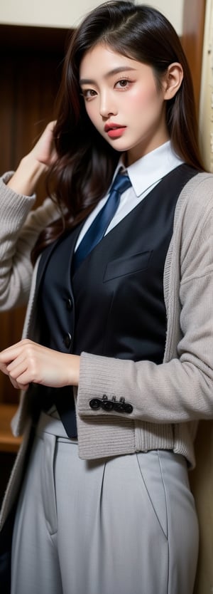 a asian beauty, perfect light, Instagram influencer, black long hair, glossy juicy lips, black eyes cute, wearing British-style grey suit and waistcoat, paired with long trousers and a necktie, exuding elegance. 