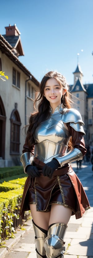 masterpiece, best quality, absurdres, perfect anatomy, 1girl, solo, long hair,  gloves, armor, breastplate, bodysuit, pelvic curtain, standing, smile, outdoors,riding a war horse, medieval city, castle in background,,perfect light   , ,beauty,Beauty