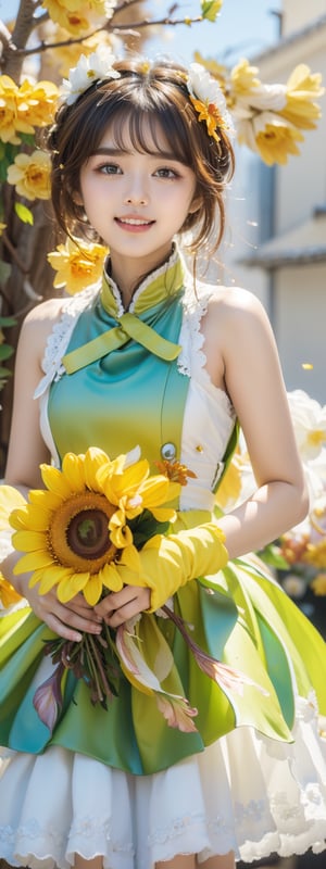 Masterpiece, Simple Background, (((Flowers in Background: 1.7))), 1girl, antenna_hair, , bangs, brown_hair, crown, dress, eyebrows_visible_through_hair, gloves, green_eyes,  short_hair, sleeveless, smile, standing, white_dress, white_gloves
,perfect light,beauty,kinomoto sakura,Korean