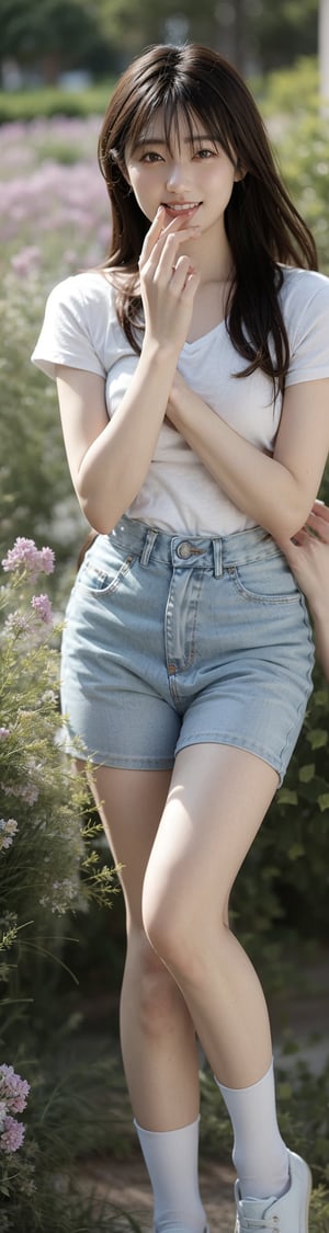 background is flower field,grass field,horizon,wind blowing,petals blowing,16 yo, 1 girl, beautiful girl,smile,
wearing denim overalls skirt,long socks,standing on flower field,holding buquet, cowboy shot,very_long_hair, hair past hip, bangs, curly hair, realhands, masterpiece, Best Quality, 16k, photorealistic, ultra-detailed, finely detailed, high resolution, perfect dynamic composition, beautiful detailed eyes, ((nervous and embarrassed)), sharp-focus, full body shot,pink flower,flower,yama2,1 girl 