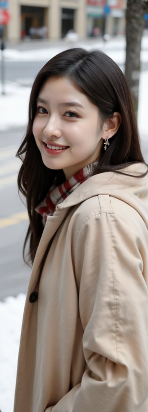 Beautiful and delicate light, (beautiful and delicate eyes), pale skin, big smile, (brown eyes), (black long hair), dreamy, medium chest, woman 1, (front shot), Korean girl, bangs, soft expression, height 170, elegance, bright smile, 8k art photo, realistic concept art, realistic, portrait, necklace, small earrings, handbag, fantasy, jewelry, shyness, skirt, winter parka, scarf, snowy street, footprints,Japanese ,Korean