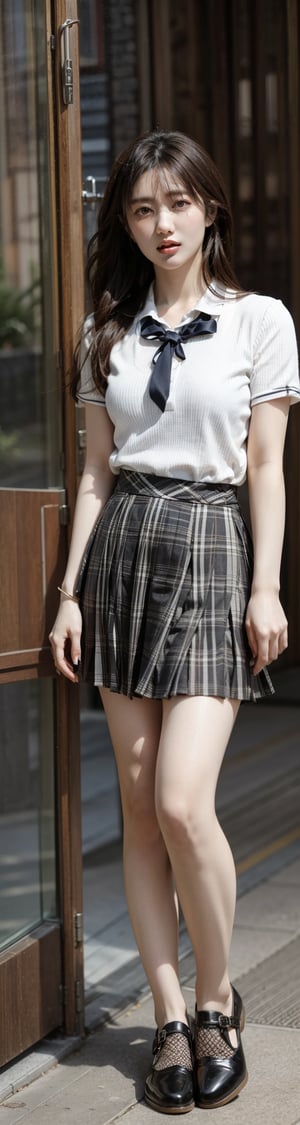 (((masterpiece))), (((best quality))), Best picture quality, high resolution, 8k, realistic, sharp focus, realistic image of elegant lady, Korean beauty, supermodel, girl, standing, wearing short-sleeved school uniform, dark-colored skirt, pleated skirt with tartan pattern,  black student shoes,  detailed face, (blush:1.0) ,More Detail,yama2