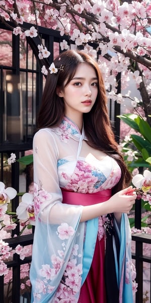 (masterpiece, top quality, best quality, official art, beautiful and aesthetic:1.2), (1girl), extreme detailed,(abstract, fractal art:1.3),highest detailed, detailed_eyes, light_particles, hanfu,jewelry, sexy, ,red,cherry blossom,The left hand's orchid fingers pinch a branch blooming with cherry blossoms,The right hand's orchid fingers lightly pinch the left sleeve,Korean