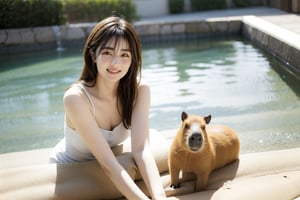 masterpiece, illustration, best detailed, Clear picture, 8K,1girl, , solo, long hair, looking at viewer, blonde hair, SMILE,bow,sitting,  realistic,lower body in water, POOL,yama2,perfect light,10 capybaras,