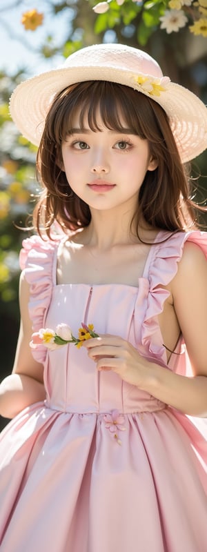 Masterpiece, Simple Background, (((Flowers in Background: 1.7))), 1girl, (wearing pink pleated dress)),fancy_hat 
,perfect light,Beauty,kinomoto sakura