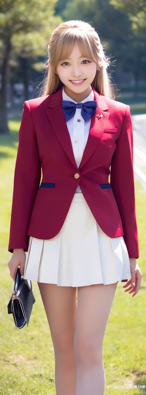 masterpiece, best quality, highres, 1girl, solo, long hair, blonde hair, hair ribbon, bangs, blue eyes, red bowtie, collared shirt, blazer, red jacket, long sleeves, long pleated skirt, white skirt, standing, cowboy shot, outdoors, smile, idol,korean ,beauty,pretty girl,Beauty