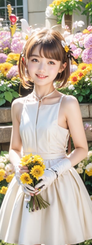 Masterpiece, Simple Background, (((Flowers in Background: 1.7))), 1girl, antenna_hair, , bangs, brown_hair, crown, dress, eyebrows_visible_through_hair, gloves, green_eyes,  short_hair, sleeveless, smile, standing, white_dress, white_gloves
,perfect light,Beauty,kinomoto sakura,Korean