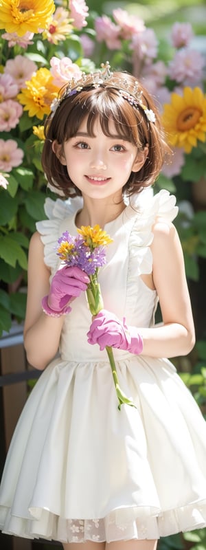 Masterpiece, Simple Background, (((Flowers in Background: 1.7))), 1girl, antenna_hair, , bangs, brown_hair, crown, dress, eyebrows_visible_through_hair, gloves, green_eyes,  short_hair, sleeveless, smile, standing, white_dress, white_gloves
,perfect light,Beauty,kinomoto sakura