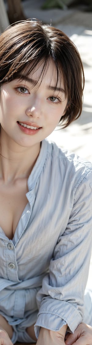 masterpiece, illustration, best detailed, Clear picture, 8K,1girl,  seated on the beach. grin, makeup. a white button-down shirt,a red lips,yama 