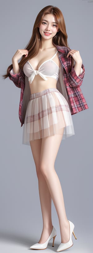 Generate hyper realistic image of a woman with long, brown hair, wearing a charming plaid skirt and a open shirt paired withtranparent white thigh-highs. big smile, high heels.,1girl,Korean,idol