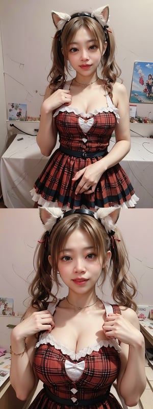 (Masterpiece:1.3), (best quality:1.2), (detailed background:1.1), (intricate details:1.1), (detailed background:1.2), A chibi-style anime girl with cat ears, red plaid maid outfit with a heart-shaped accessory at her chest, silver hair styled in pigtails. Her eyes are big, red, and sparkly, with a blushing expression. She’s standing, her fluffy tail wagging slightly . The image is vibrant and soft, with pastel colors and a cute, playful aesthetic. There are subtle sparkles in the background, adding to the dreamy and kawaii feel,More Detail,kao6