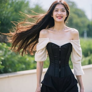 1 idol, ultra-high definition, hair blowing in the wind, delicate facial features, eye smile, ( wearing ransparent off-the-shoulder corset: 1.3), {{{masterpiece}}}, {{highest quality}}, high resolution, high detail, natural movements in daily life,