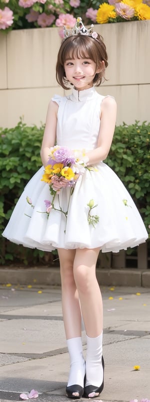 full body shot,Masterpiece, Simple Background, (((Flowers in Background: 1.7))), 1girl, antenna_hair, , bangs, brown_hair, crown, dress, eyebrows_visible_through_hair, gloves, green_eyes,  short_hair, sleeveless, smile, standing, white_dress, white_gloves
,perfect light,Beauty,kinomoto sakura