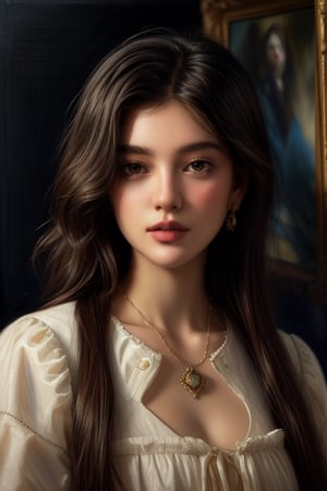 An oil painting in the style of John Singer Sargent and a print by Ivana Besevic, the lighting style of Rembrandt. A beautiful portrait of a 20-year-old Indian girl. A detailed, beautiful, girlish face. Narrow nose, beautiful, large eyes and full lips,1 girl ,beauty,pretty girl,davincitech