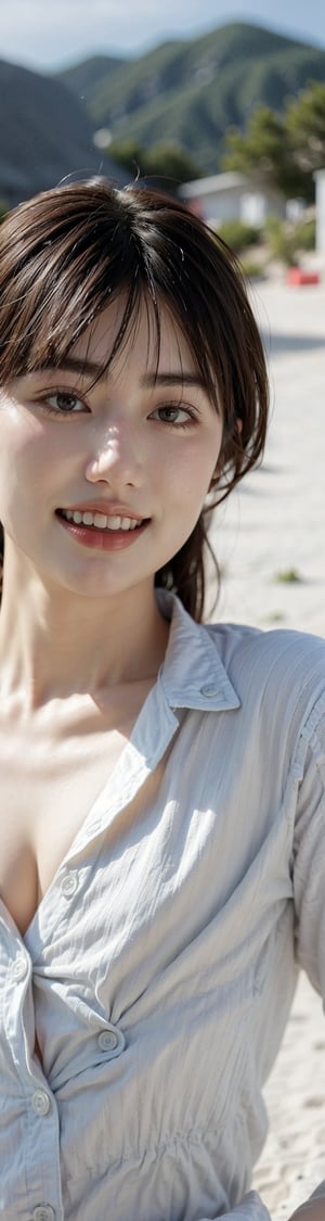 masterpiece, illustration, best detailed, Clear picture, 8K,1girl,  running on the beach. grin, makeup. a white button-down shirt,a red lips,yama 