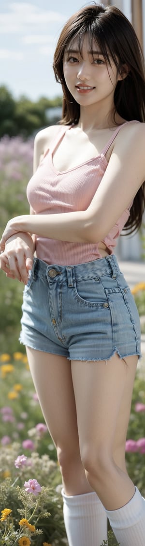 background is flower field,grass field,horizon,wind blowing,petals blowing,16 yo, 1 girl, beautiful girl,smile,
wearing denim overalls skirt,long socks,standing on flower field,holding buquet, cowboy shot,very_long_hair, hair past hip, bangs, curly hair, realhands, masterpiece, Best Quality, 16k, photorealistic, ultra-detailed, finely detailed, high resolution, perfect dynamic composition, beautiful detailed eyes, ((nervous and embarrassed)), sharp-focus, full body shot,pink flower,flower,yama2,1 girl 