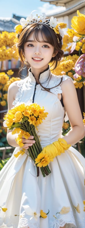 Masterpiece, Simple Background, (((Flowers in Background: 1.7))), 1girl, antenna_hair, , bangs, brown_hair, crown, dress, eyebrows_visible_through_hair, gloves, green_eyes,  short_hair, sleeveless, smile, standing, white_dress, white_gloves
,perfect light,beauty,kinomoto sakura,Korean