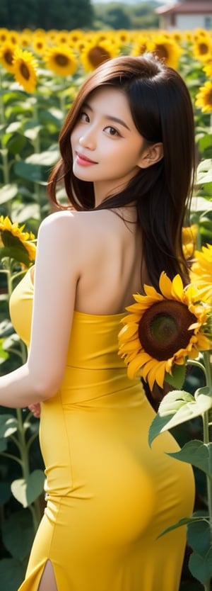  A beautiful asian beauty, Sunflower field. Best Quality, Crazy Details and Sharp Focus, Masterpiece, Professional, Award Winning, Fine Detail, High Detail, UHD, 64k,, perfect light,idol,korean,beauty,1 girl 