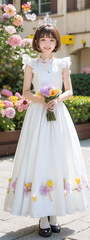 full body shot,Masterpiece, Simple Background, (((Flowers in Background: 1.7))), 1girl, antenna_hair, , bangs, brown_hair, crown, dress, eyebrows_visible_through_hair, gloves, green_eyes,  short_hair, sleeveless, smile, standing, white_dress, white_gloves
,perfect light,Beauty,kinomoto sakura