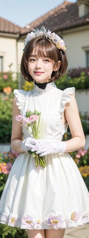 Masterpiece, Simple Background, (((Flowers in Background: 1.7))), 1girl, antenna_hair, , bangs, brown_hair, crown, dress, eyebrows_visible_through_hair, gloves, green_eyes,  short_hair, sleeveless, smile, standing, white_dress, white_gloves
,perfect light,Beauty,kinomoto sakura