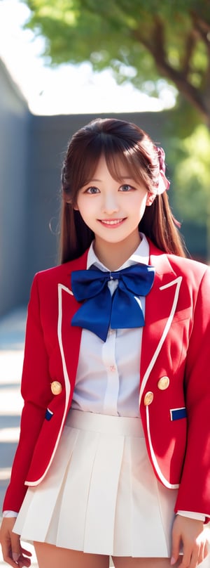 masterpiece, best quality, highres, 1girl, solo, long hair, blonde hair, hair ribbon, bangs, blue eyes, red bowtie, collared shirt, blazer, red jacket, long sleeves, long pleated skirt, white skirt, standing, cowboy shot, outdoors, smile, idol,korean ,beauty,pretty girl,Beauty