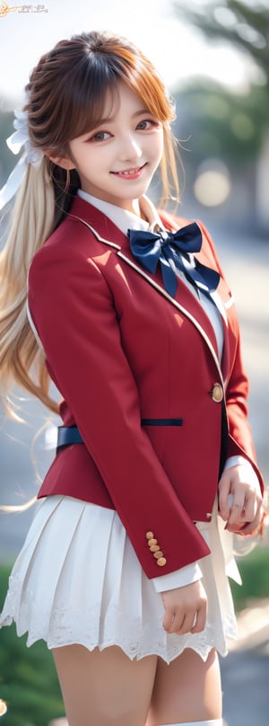 masterpiece, best quality, highres, 1girl, solo, long hair, blonde hair, hair ribbon, bangs, black eyes, red bowtie, collared shirt, blazer, red jacket, long sleeves, long pleated skirt, white skirt, standing, cowboy shot, outdoors, smile, wink, idol,korean ,beauty,pretty girl,Beauty,Korean